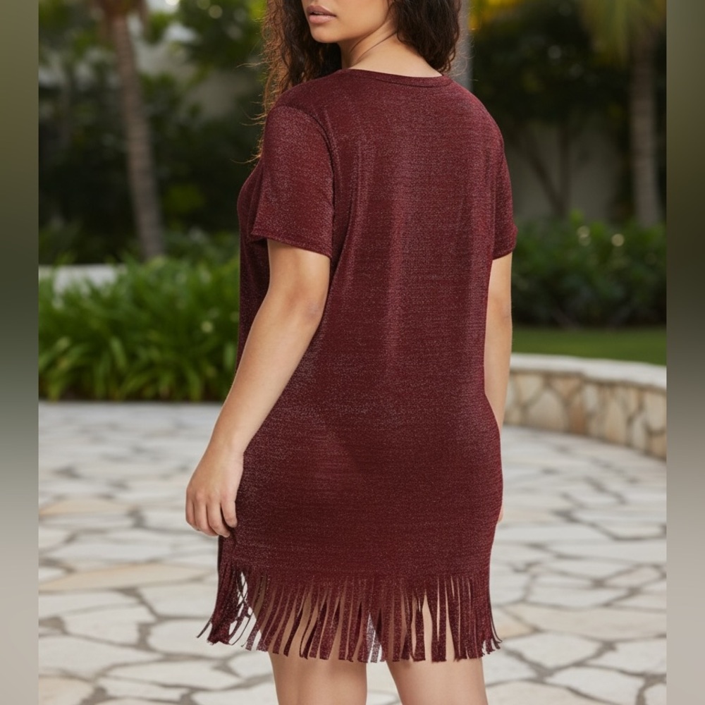 NEW• Sugared + Bronzed Scarlet Shimmer Fringe Trim Tunic Dress •M-1X